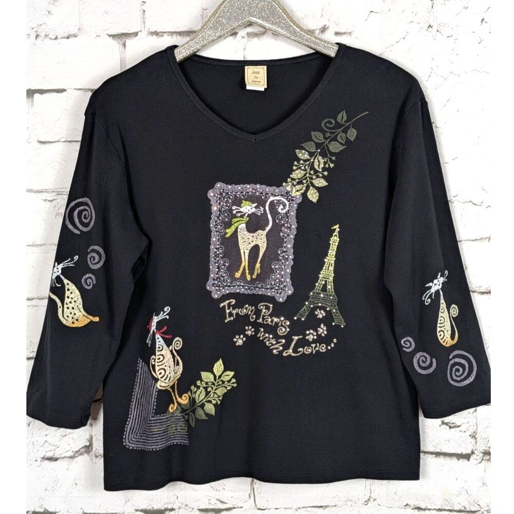 VINTAGE JESS & JANE Parisian Cat Eiffel Tower Rhinestone Top Novelty Cotton XL